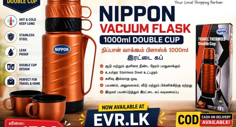 Nippon Vacuum Flask 1000ml Double Cup (நிப்பான் வாக்கூம் பிளாஸ்க் 1000ml – இரட்டை கப்) | EVR.LK in E